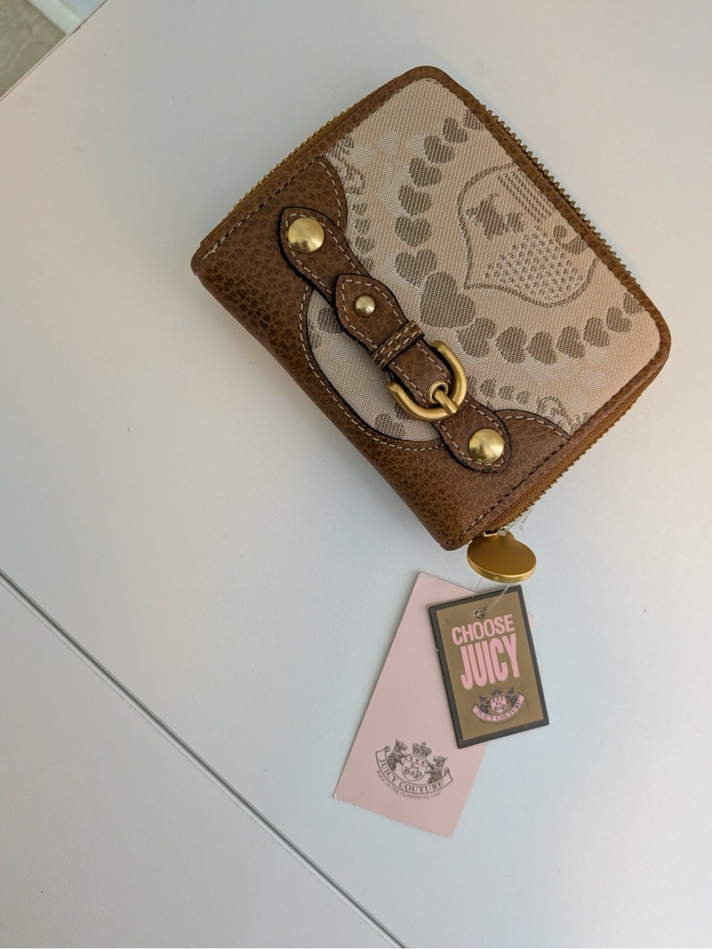 Juicy Couture Brown and Cream Canvas Leather Zip Wallet